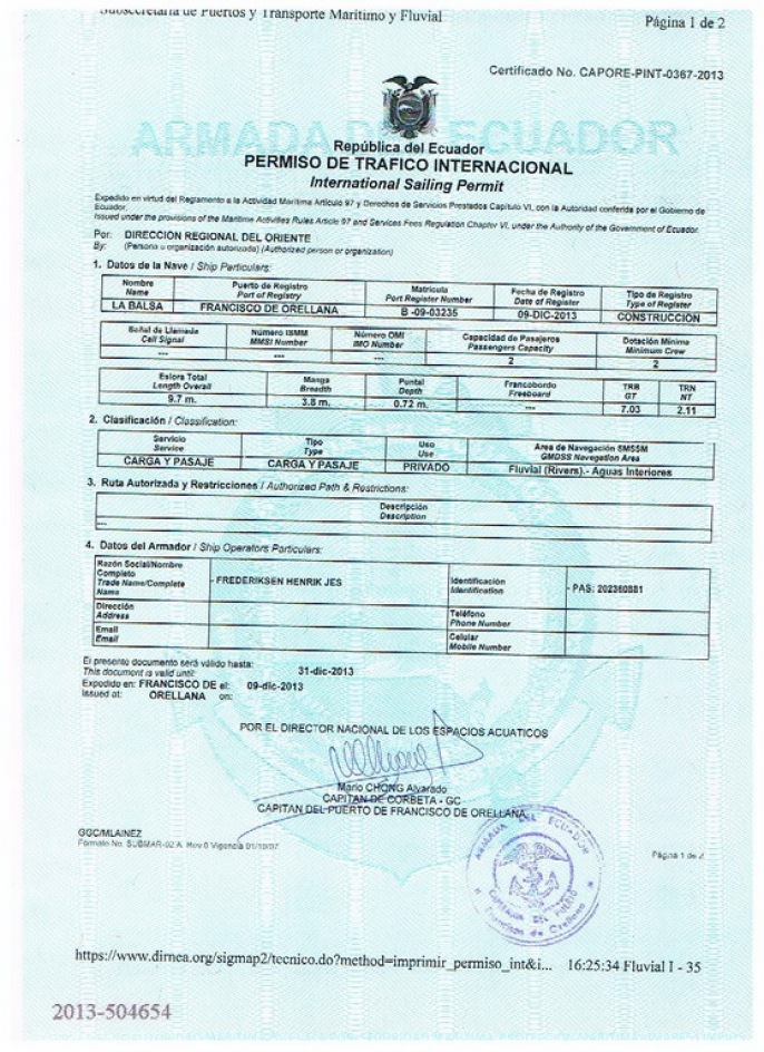 International Sailing Permit, issued by the Equadorian Army